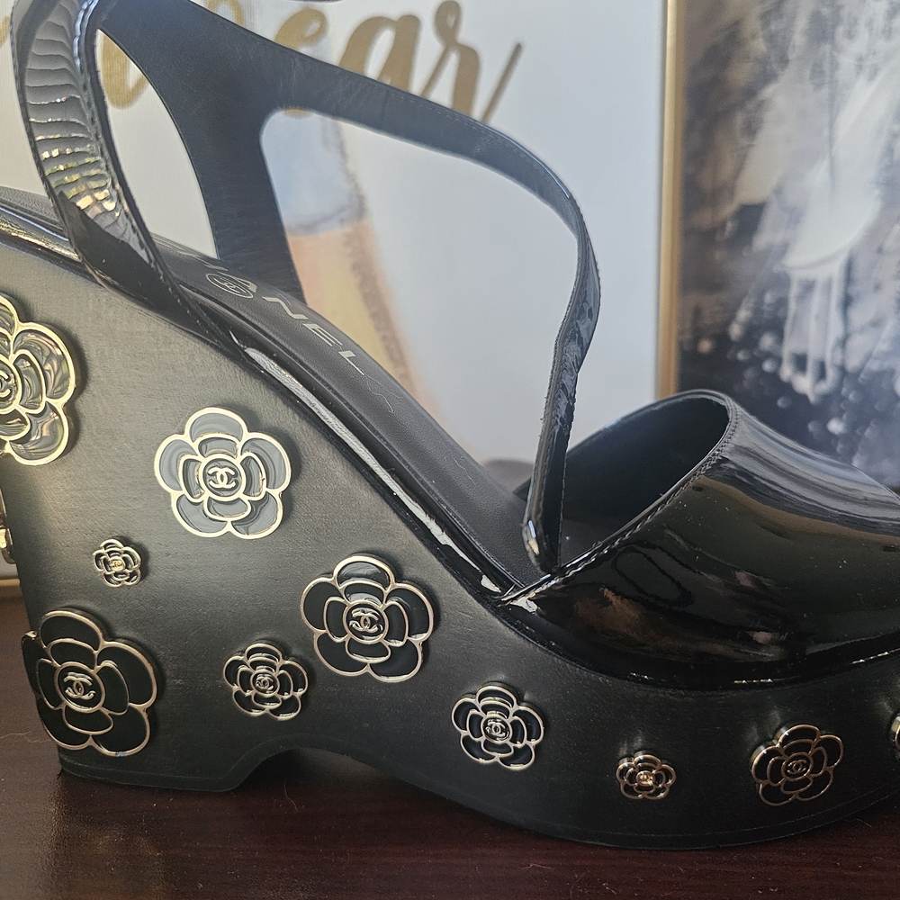 Chanel Black Wedge Sandals